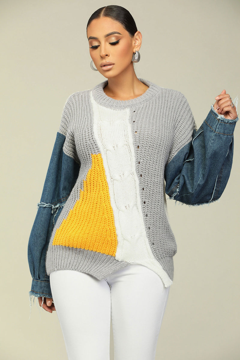 PATCHWORK DENIM KNIT SWEATER - YELLOW [PRE-ORDER 5/30]