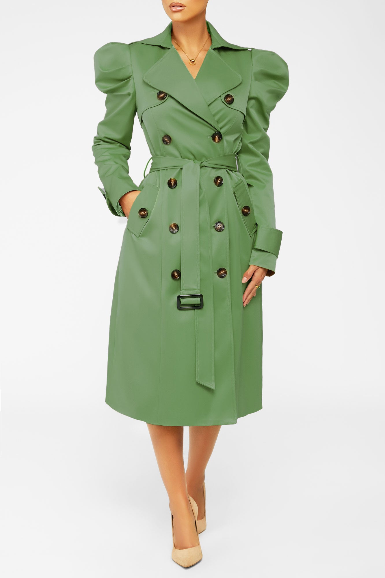 TRENCH BLISS PUFF SLEEVE COAT- GREEN