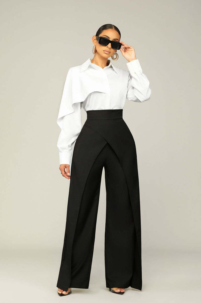 CROSSOVER WIDE LEG LAYERED PANTS-BLACK [PRE-ORDER 9/30] | Kosmios